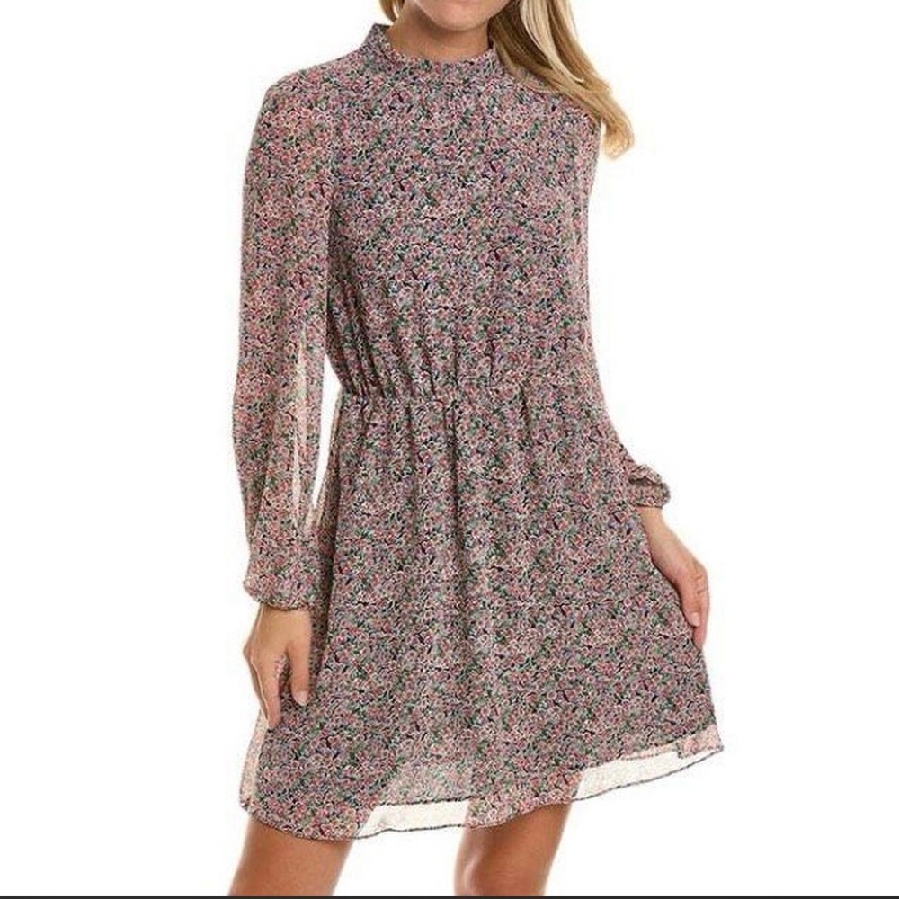 Boden Women's Navy Pink Floral Mock Neck Chiffon Mini Dress Long Sleeve 12‎